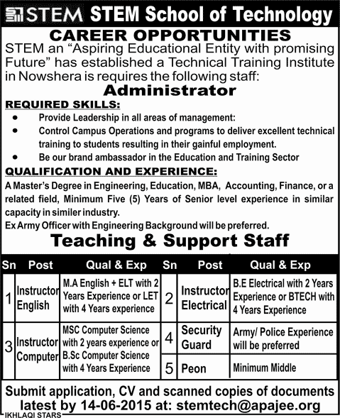 STEM School of Technology Nowshera Jobs 2015 June Teaching Faculty, Administrator & Support Staff