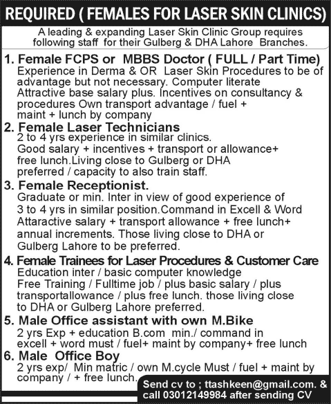 Skin Clinic Jobs in Lahore 2015 June Dermatologist, Laser Technicians, Receptionist, Trainees & Others