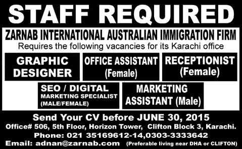 Zarnab International Karachi Jobs 2015 June Graphic Designer, Receptionist, Assistant & Others