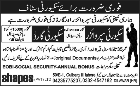Security Guards / Supervisor Jobs in Lahore 2015 June at Shapes Private Limited