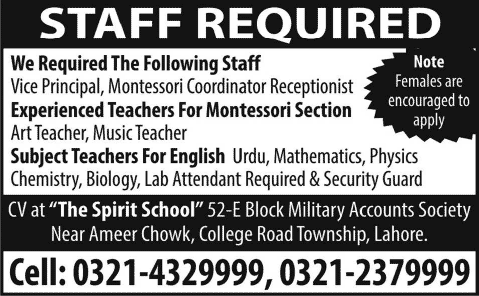 The Spirit School Lahore Jobs 2015 June Teaching Faculty, Vice Principal, Montessori Coordinator & Receptionist