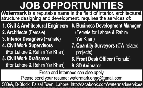 Watermark Engineering Services Lahore Jobs 2015 June Civil / Architectural Engineers, Interior Designers & Others