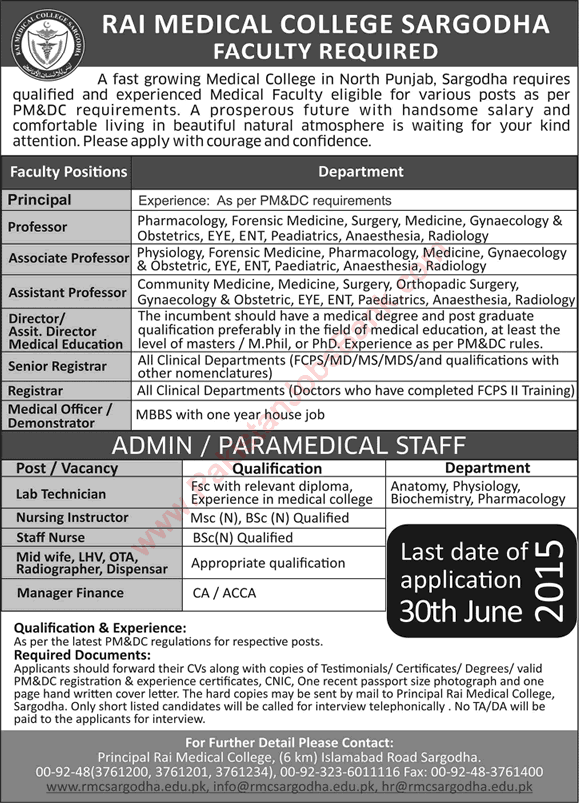 Rai Medical College Sargodha Jobs 2015 June Medical Faculty, Nurses, Admin & Paramedical Staff