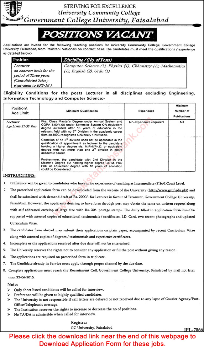 Lecturer Jobs in GC University Faisalabad 2015 June Application Form University Community College