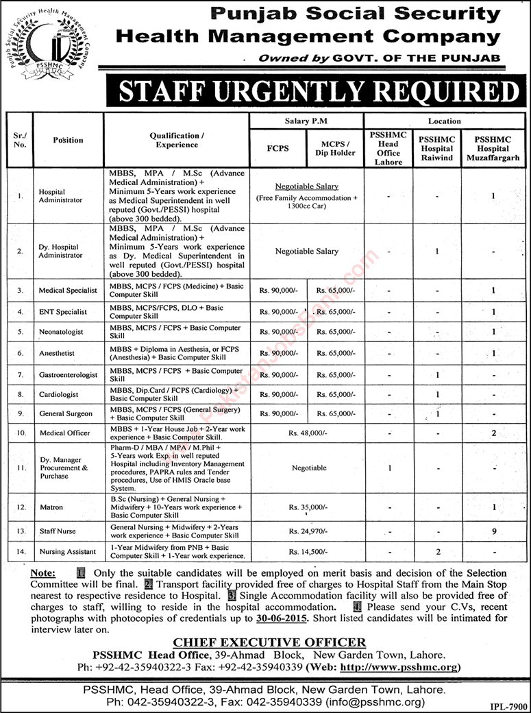 Punjab Social Security Health Management Company Jobs 2015 June Nurses, Medical Specialists & Admin Staff