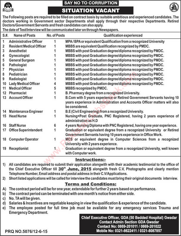 GDA Hospital Gwadar Jobs 2015 June Staff Nurses, Medical Officer, Computer Operator & Others