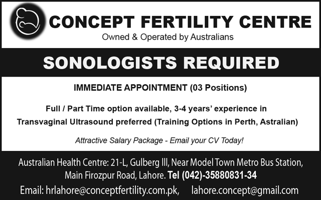 Sonologist Jobs in Concept Fertility Center Lahore 2015 June Latest