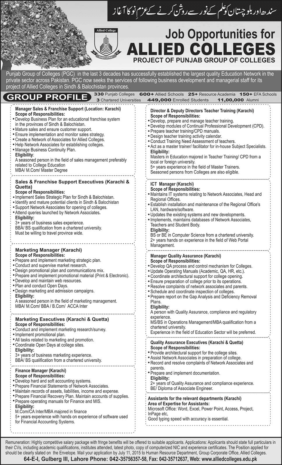 Allied Colleges Karachi / Quetta Jobs 2015 June Punjab Group of Colleges / Schools Latest