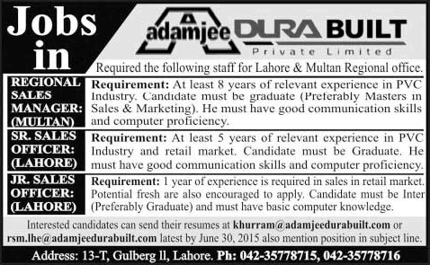 Sales Officers / Manager Jobs in Adamjee Durabuilt Pvt. Ltd 2015 June Lahore & Multan Offices