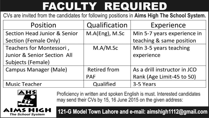 Aims High School System Lahore Jobs 2015 June for Teaching & Admin Staff Latest