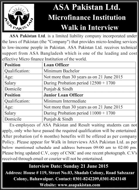 Loan Officer Jobs in ASA Pakistan 2015 June Walk in Interviews in Bahawalpur Microfinance Institution