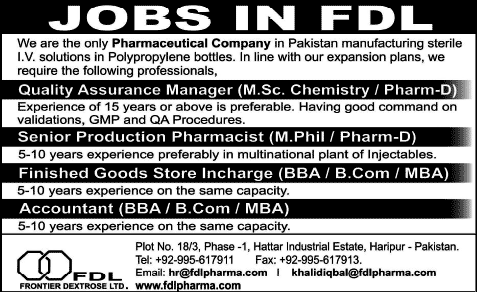 FDL Pharma Jobs 2015 June Pharmacists, Store Incharge & Accountant at Frontier Dextrose Ltd Haripur