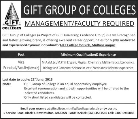 Gift College Multan Jobs 2015 June Teaching Faculty & Vice Principal Latest