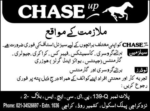 Salesman & Loader Jobs in Chase Up Karachi 2015 June Latest