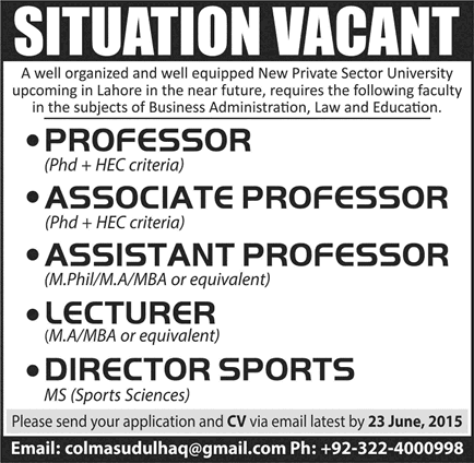Teaching Faculty & Sports Director Jobs in Lahore 2015 June in a Private Sector University Latest