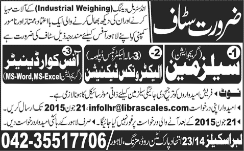 Office Coordinator, Salesman & Electronics Technician Jobs in Lahore 2015 June Libra Scales Latest