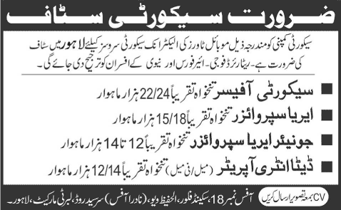 Security Officer, Area Supervisors & Data Entry Operator Jobs in Lahore 2015 June at a Security Company