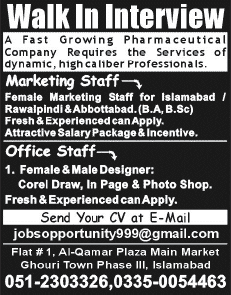Graphic Designer & Marketing Jobs in Pakistan 2015 June for Pharmaceutical Company