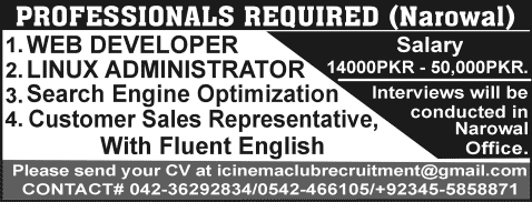 Latest Jobs in Narowal June 2015 Web Developer, Network Administrator, SEO Expert & Customer Sales Representative