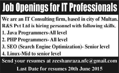 Java / PHP Programmers, SEO Expert & Linux Administrator Jobs in Multan 2015 June at R&S Pvt. Ltd
