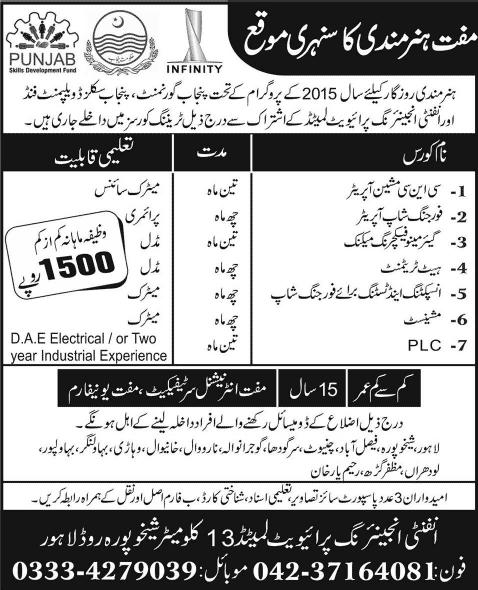 Infinity Engineering Pvt. Ltd Lahore Free Training Courses 2015 June PSDF Latest Advertisement