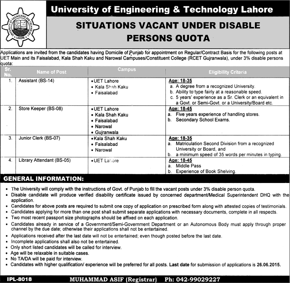 UET Jobs 2015 June for Assistant, Store Keeper, Clerks & Lab Attendant under Disabled Persons Quota
