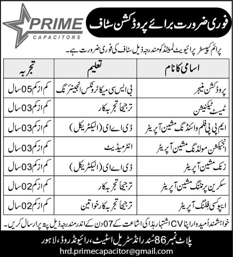 Prime Capacitors Pvt Ltd Lahore Jobs 2015 June Electrical Engineers, Technicians, Machine Operators & Others