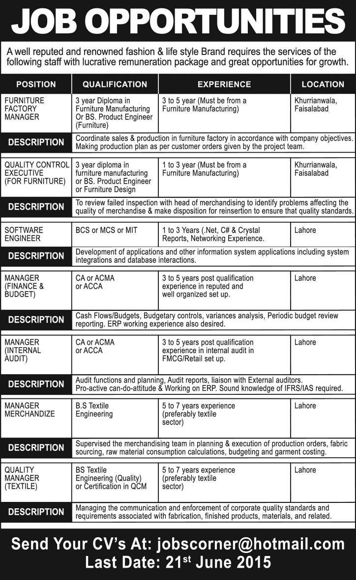 Fashion & Life Style Brand Company Jobs 2015 June Pakistan Software Engineer, Managers & Others