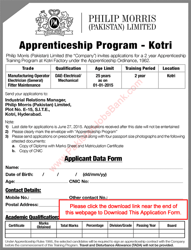 Philip Morris Pakistan Apprenticeship Program 2015 June Application Form Download Latest