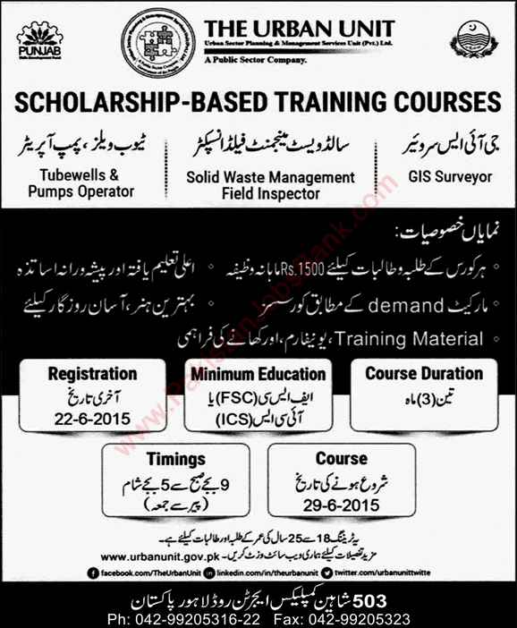 Urban Unit Scholarship Based Training Courses 2015 June Application Form for Registration PSDF Latest