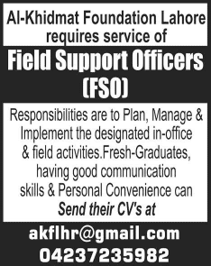 Al-Khidmat Foundation Lahore Jobs 2015 June for Field Support Officers Latest