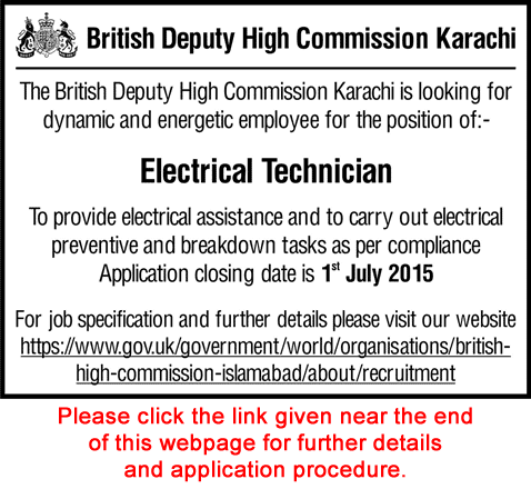 British Deputy High Commission Karachi Jobs 2015 June for Electrical Technician