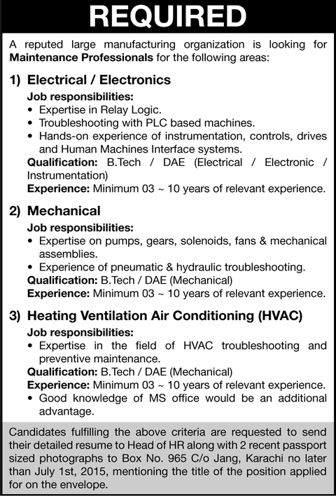 Electronics, Electrical, HVAC & Mechanical Engineering Jobs in Karachi 2015 June Latest