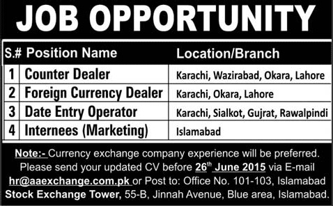 AA Exchange Company Jobs 2015 June Internee, Counter / Foreign Currency Dealers & Data Entry Operator