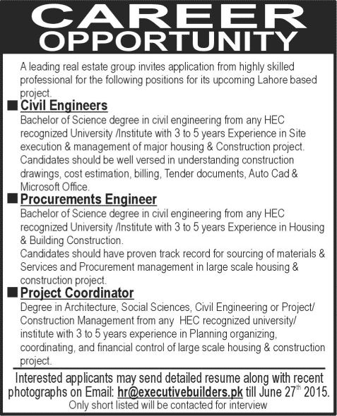 Executive Builders Lahore Jobs 2015 June Civil Engineers, Procurement Engineer & Project Coordinator