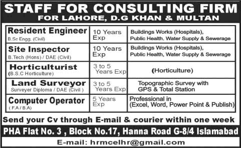 Civil Engineers, Horticulturist & Compute Operator Jobs in Punjab 2015 June for Consulting Firm