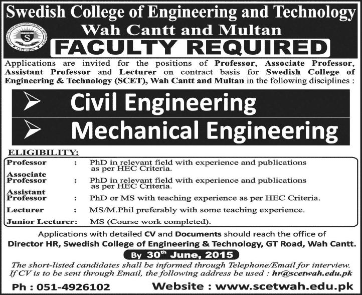 Swedish College of Engineering & Technology Jobs 2015 June Wah Cantt & Multan Teaching Faculty