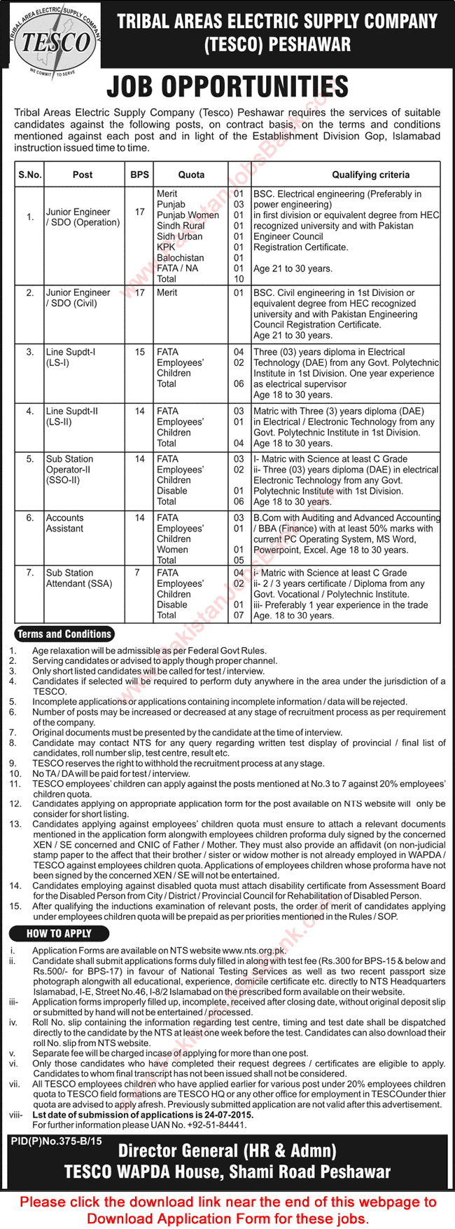 TESCO WAPDA Jobs 2015 June Peshawar NTS Application Form Tribal Areas Electric Supply Company Latest