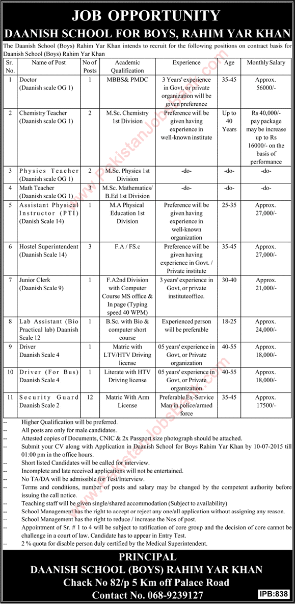 Danish School Rahim Yar Khan Jobs 2015 June Teaching Faculty, Admin & Support Staff