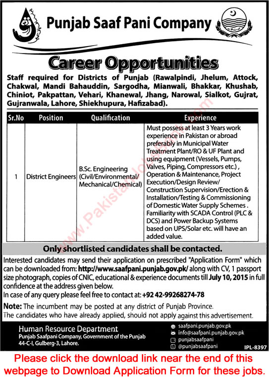 Punjab Saaf Pani Company Jobs June 2015 District Engineers Application Form Download