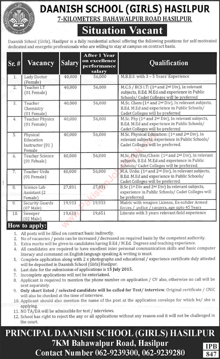 Danish School Hasilpur Jobs 2015 June / July Teachers, Doctor, Lab Assistants, Security Guards & Sweepers