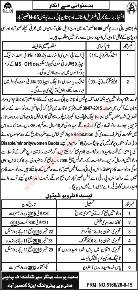 Balochistan Highway Police Naseerabad Jobs 2015 June Stenographer & Clerks Latest