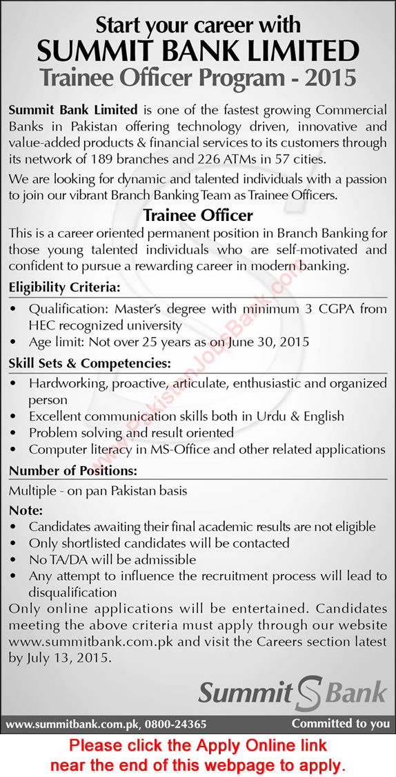 Summit Bank Trainee Officer Jobs 2015 June / July Program Apply Online Latest