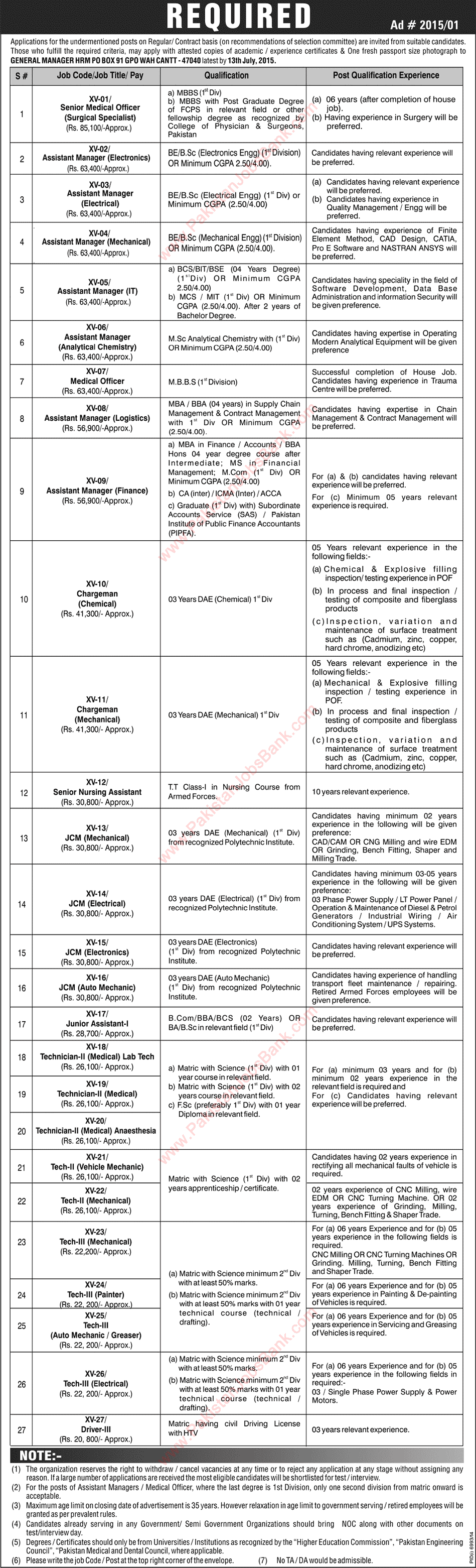 PO Box 91 GPO Wah Cantt Jobs 2015 June / July in NESCOM / AWC / AERO Latest