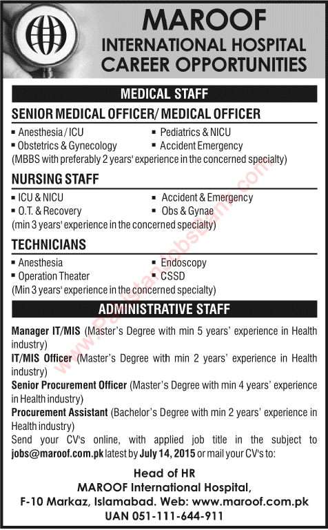Maroof International Hospital Islamabad Jobs 2015 June / July Medical Officers, Nurses, Technicians & Admin Staff
