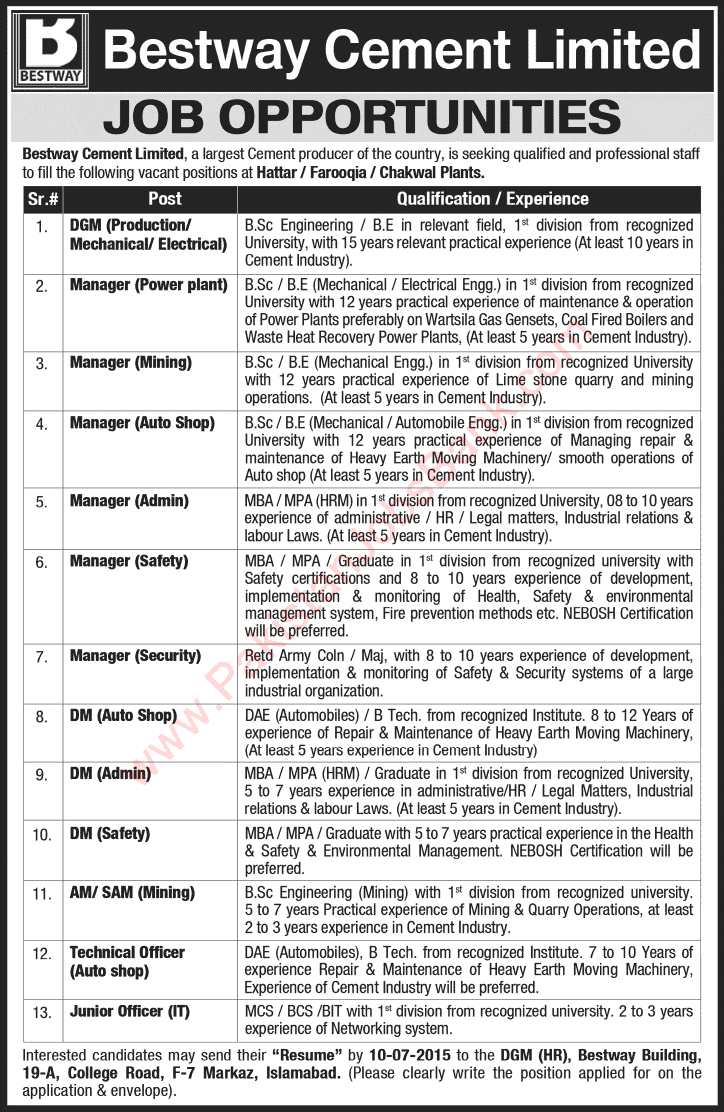 Bestway Cement Jobs 2015 June / July Engineers & Admin Staff at Hattar / Farooqia / Chakwal Plants