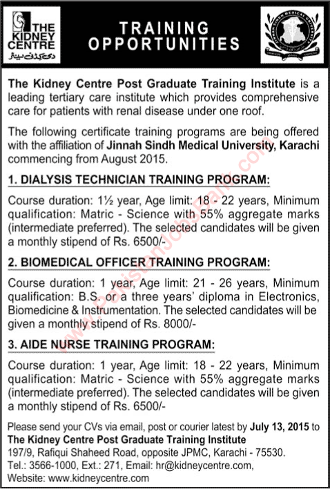 Kidney Centre Karachi Training Program 2015 Dialysis Technician, Biomedical Officer & Aide Nurse