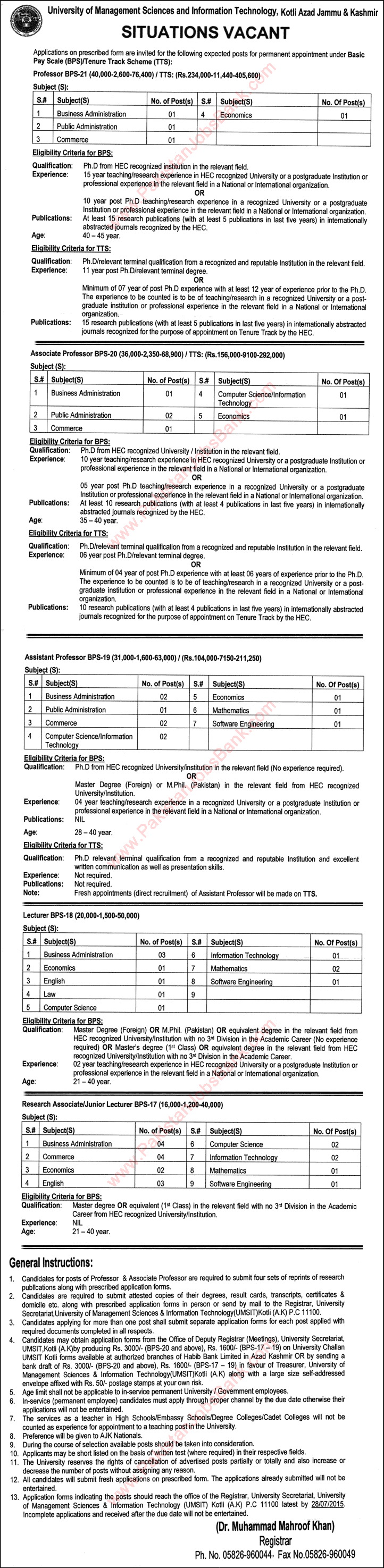 UMSIT Kotli AJK Jobs 2015 June / July Teaching Faculty / Professors / Lecturers Latest / New