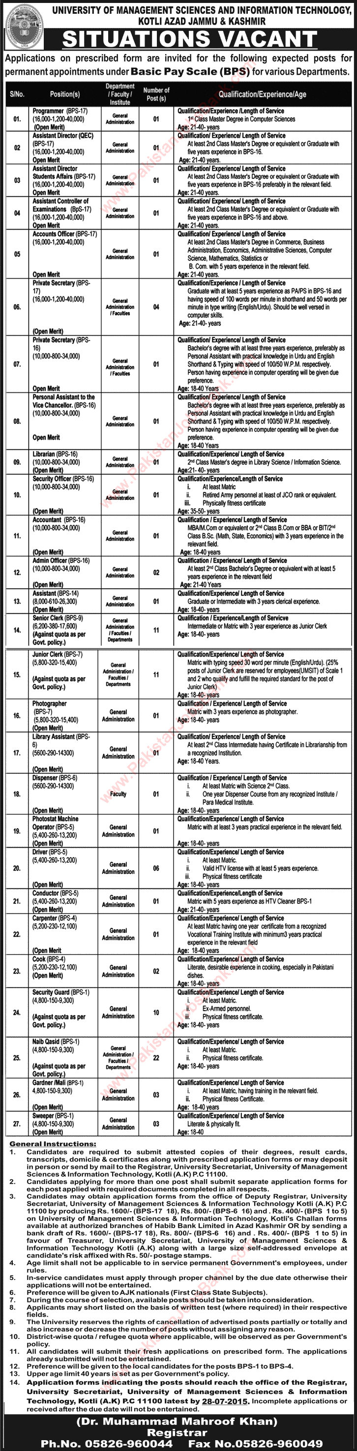 USMIT Kotli AJK Jobs June / July 2015 Admin & Support Staff Latest Advertisement