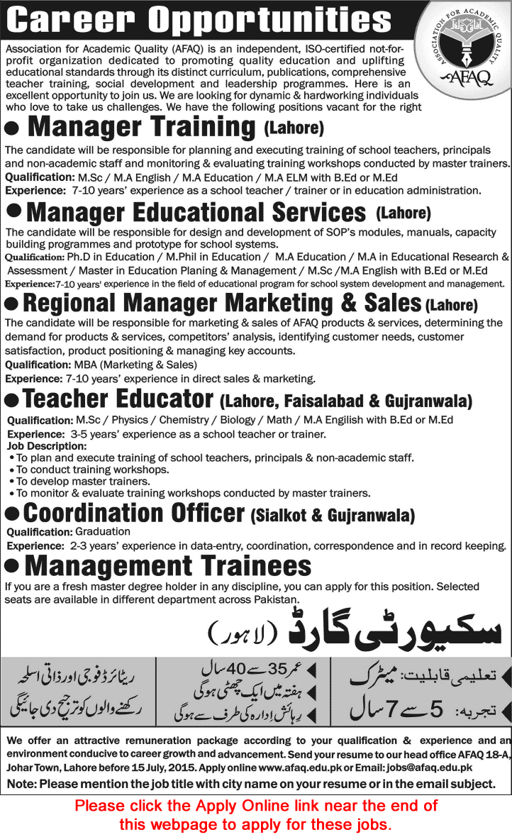 AFAQ Jobs 2015 June / July Apply Online Management Trainees, Teacher Educators, Managers & Others